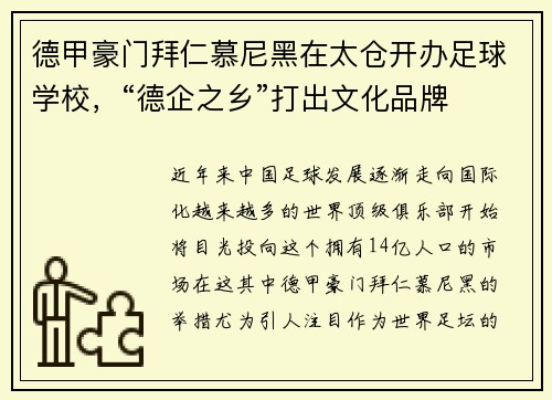 德甲豪门拜仁慕尼黑在太仓开办足球学校，“德企之乡”打出文化品牌