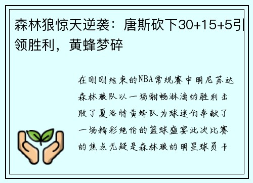 森林狼惊天逆袭：唐斯砍下30+15+5引领胜利，黄蜂梦碎