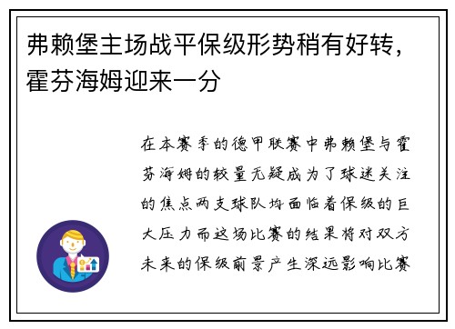 弗赖堡主场战平保级形势稍有好转，霍芬海姆迎来一分